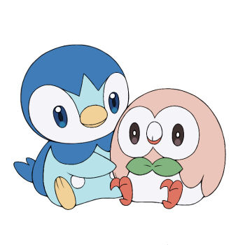blue_eyes bright_pupils closed_mouth commentary_request gen_4_pokemon gen_7_pokemon looking_at_another momiyon nintendo no_humans piplup pokemon pokemon_(creature) pokemon_focus rowlet simple_background sitting white_background white_pupils