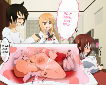 10s 1boy 2girls black_hair blonde_hair blush bottomless breast_rest breasts brother_and_sister brown_eyes brown_hair butterfly_sitting censored clothed_sex clothes_lift controller covered_erect_nipples cross-section cum cum_in_pussy doggystyle doma_taihei doma_umaru ebina_nana ejaculation english_text feet full_body game_controller gamepad glasses hard-translated hetero himouto!_umaru-chan holding indoors internal_cumshot kotatsu large_breasts light_brown_hair long_hair lying morokoshitaroh motion_lines multiple_girls no_shoes on_stomach open_mouth panties penis pillow playing_games polka_dot profile pubic_hair pun saliva school_uniform semi-rimless_eyewear sex sex_from_behind short_hair siblings sitting skirt skirt_around_belly skirt_lift socks stealth_sex striped_clothes striped_panties table third-party_edit translated twintails under-rim_eyewear under_kotatsu under_table underwear vaginal wavy_mouth white_legwear x-ray