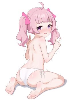 1girl ahoge aozora_himari ass back bare_back bare_legs barefoot bikini bikini_bottom_only blunt_bangs blush bow double_v feet from_behind full_body hair_bow hands_up himitsu_no_aipri legs loli long_hair looking_at_viewer looking_back medium_hair moke_(moke_dayo) open_mouth panties pink_bow pink_eyes pink_hair pretty_series purple_eyes shoulder_blades side-tie_bikini_bottom side-tie_panties simple_background sitting smile soles solo swimsuit thighs toes topless_female trembling twintails underwear v wariza white_background white_bikini