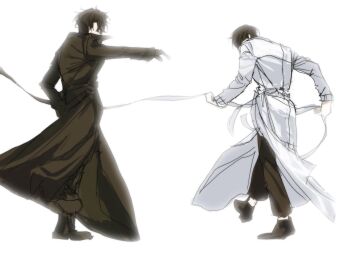 2boys black_coat black_hair black_shirt coat dancing faceless full_body highres jdjoaaa kim_dokja male_focus multiple_boys omniscient_reader&#039;s_viewpoint open_clothes open_coat outstretched_arm shirt short_hair standing standing_on_one_leg white_coat yoo_joonghyuk