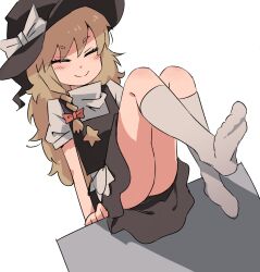 Rule 34 | 1girl, apron, black hat, black skirt, blonde hair, blush, bow, braid, closed eyes, closed mouth, commentary, cookie (touhou), full body, grey background, grey socks, hair bow, hat, hat bow, highres, kirisame marisa, legs, long hair, medium bangs, no shoes, puffy short sleeves, puffy sleeves, red bow, rikadai, shirt, short sleeves, simple background, single braid, skirt, skirt set, smile, socks, soles, solo, star (symbol), suzu (cookie), touhou, turtleneck, turtleneck shirt, waist apron, white apron, white bow, white shirt, witch hat
