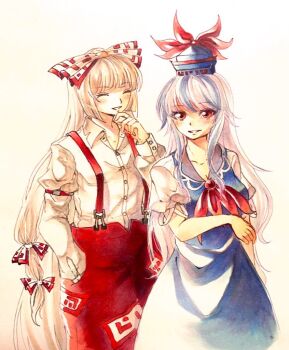2girls blue_dress blue_hair blue_hat blush bow breasts cleavage closed_eyes collared_shirt commentary_request dress fujiwara_no_mokou grey_hair hair_bow hand_in_pocket hat kamishirasawa_keine long_hair long_sleeves mitsu~ multicolored_hair multiple_girls multiple_hair_bows ofuda ofuda_on_clothes open_mouth pants puffy_short_sleeves puffy_sleeves red_eyes red_pants shirt short_sleeves smile suspenders touhou two-tone_hair very_long_hair white_hair white_shirt