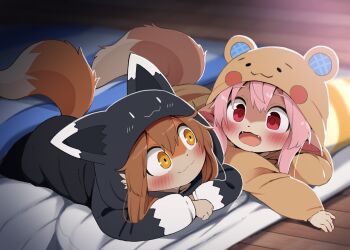 1boy 1girl 2girls animal_costume animal_ears brown_hair dagasi dog_boy dog_ears dog_girl dog_tail furry furry_with_furry hetero highres kodomo_doushi loli lying momo-chan_(dagasi) multiple_girls on_stomach original perro-kun_(dagasi) pink_hair red_eyes shota tail