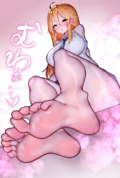 1girl absurdres angelica_rapha_redgrave barefoot blonde_hair blush feet highres long_hair looking_at_viewer otome_game_sekai_wa_mob_ni_kibishii_sekai_desu parted_lips red_eyes soles steam toes w_(w64851564)