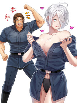 1girl angel_(kof) anger_vein aosa_(jmzg2528) blue_eyes bottomless breasts collarbone commentary_request crop_top dress_shirt highres large_breasts looking_at_viewer ma0hphm8y9r4r43 midriff muscular naked_shirt off_shoulder oversized_clothes oversized_shirt pants partially_unbuttoned ralf_jones shirt smile snk t-shirt the_king_of_fighters the_king_of_fighters:_a_new_beginning toned