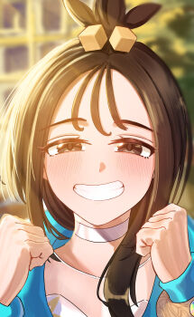 1girl absurdres blue_hoodie blurry blurry_background blush bracelet brown_eyes brown_hair chestnutj37 choker commentary_request cube_hair_ornament eyelashes grin hair_ornament happy highres hood hoodie jewelry lida_(pokemon) long_hair long_sleeves looking_at_viewer nintendo pokemon pokemon_legends:_z-a smile solo teeth topknot upper_body white_choker