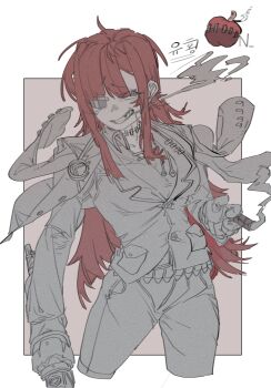 1girl absurdres ammunition_belt breasts cigar clenched_teeth commentary_request cosplay cowboy_shot gauze gauze_over_eye highres holding holding_cigar holding_sword holding_weapon jacket jacket_on_shoulders korean_commentary lapels large_breasts lei_heng_(project_moon) lei_heng_(project_moon)_(cosplay) limbus_company looking_to_the_side notched_lapels pants project_moon red_hair smoke smoking solo spot_color stitched_neck stitches sword teeth user_vdfv8273 weapon yuri_(project_moon)