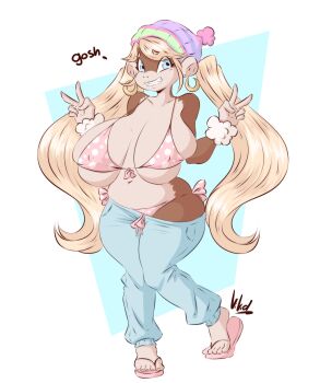 1girl artist_name beanie bikini bikini_under_clothes blonde_hair blue_eyes breasts donkey_kong_(series) double_v dullvivid earrings feet hat highres hoop_earrings huge_breasts jewelry long_hair monkey monkey_girl navel nintendo nipples pants plump polka_dot polka_dot_bikini sandals sharp_teeth sideboob sidelocks skindentation smile solo sweatpants swimsuit teeth thighs tiny_kong toes twintails underboob v very_long_hair wide_hips