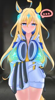 ... 1girl ahoge animal_ears blue_eyes blush breasts collarbone commentary_request cwarock hair_between_eyes hair_ornament highres horse_ears horse_girl jacket long_hair long_sleeves multicolored_hair naked_jacket neo_universe_(umamusume) pov simple_background solo two-tone_hair umamusume