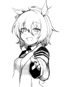 Rule 34 | 1girl, :d, agnes tachyon (tach-nology) (umamusume), agnes tachyon (umamusume), ahoge, animal ears, breasts, commentary request, greyscale, hair between eyes, horse ears, horse girl, long bangs, looking at viewer, medium breasts, monochrome, open mouth, pointing, pointing at viewer, sadahiro (chicken nugget gyuuniku aji), short hair, sketch, smile, solo, umamusume, upper body