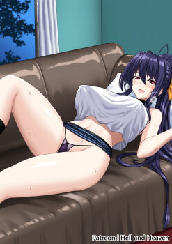 1boy 1girl ass bare_shoulders black_panties blue_hair blue_skirt blush breasts breath chair coach commentary erection hellandheaven high_ponytail high_school_dxd highres himejima_akeno indoors large_breasts long_hair lying miniskirt on_back on_chair panties ponytail purple_eyes shirt skirt solo spaghetti_strap sweat underwear white_shirt