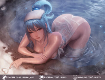 1girl aqua_(konosuba) ass bath bathing bent_over blue_hair breasts dripping hair_ornament hair_rings kono_subarashii_sekai_ni_shukufuku_wo! large_breasts leaning_forward lips luminyu naked_towel ponytail single_hair_ring solo sphere_hair_ornament steam steaming_body thighs towel towel_on_head twitter_logo water wet wet_towel