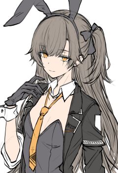 1girl alternate_costume animal_ear_hairband animal_ears black_bow black_gloves black_hairband black_jacket black_leotard bow brown_hair collar commentary_request detached_collar fake_animal_ears flat_chest girls'_frontline girls'_frontline_2:_exilium gloves hair_bow hairband highres jacket leotard leva_(girls'_frontline_2) long_hair looking_at_viewer loose_necktie necktie nontraditional_playboy_bunny one_side_up open_clothes open_jacket orange_eyes rabbit_ear_hairband rabbit_ears scar scar_across_eye scar_on_face sidelocks simple_background sketch sleeves_rolled_up smile solo strapless strapless_leotard ump45_(girls'_frontline) unfinished upper_body white_background wrist_cuffs yellow_necktie yu_416416