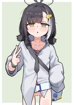 1girl absurdres bad_tag bag belt black_hair blue_archive blush bottomless bra bracelet censored female_focus hair_ornament hairclip halo highres jewelry leonat loli looking_at_viewer necktie no_panties pussy shirt short_twintails solo standing thighs tsubasa_(blue_archive) twintails underwear v yellow_eyes