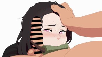 1boy 1girl animated bamboo bar_censor bit_gag black_hair blush censored cheek_press erection forehead gag gagged hand_on_another's_head hetero kamado_nezuko kimetsu_no_yaiba loli long_hair looking_at_penis looking_to_the_side looping_animation one_eye_closed penis penis_on_face pink_eyes simple_background solo_focus sweat tagme takita_(morokosi8) testicles ugoira video white_background