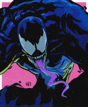 1boy blank_eyes border commentary dated english_commentary highres long_tongue maganaworks male_focus marvel open_mouth outside_border pink_background saliva sharp_teeth signature solo spider-man_(series) symbiote teeth third-party_source tongue tongue_out venom_(marvel) very_long_tongue white_border