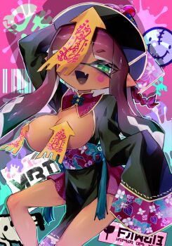 1girl areola_slip arm_behind_head bazumi black_dress black_hair blush blush_stickers breasts breasts_out brown_tongue china_dress chinese_clothes commentary_request dark-skinned_female dark_skin dress fang green_eyes green_hair hat highres inkling inkling_girl inkling_player_character jiangshi jiangshi_costume legs looking_at_viewer mandarin_collar multicolored_hair nintendo ofuda ofuda_on_head open_mouth pankou pelvic_curtain purple_hair qingdai_guanmao skin_fang sleeves_past_fingers sleeves_past_wrists solo splatoon_(series) tentacle_hair thighs wide_sleeves