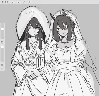 2girls animal_ears art_program_in_frame bandaid bandaid_on_face bandaid_on_nose bead_necklace beads blunt_ends breasts bridal_veil bride cleavage closed_mouth collarbone cowboy_shot crossed_arms dark-skinned_female dark_skin dress expressionless fang fang_out frilled_dress frilled_sleeves frills gloves grey_background hair_between_eyes happy highres hishi_amazon_(umamusume) horse_ears horse_girl interracial japanese_clothes jewelry kimono long_hair looking_at_another mado_(71221497o) mouth_hold multiple_girls narita_brian_(umamusume) necklace obi own_hands_together procreate_(medium) procreate_(software) puffy_short_sleeves puffy_sleeves sash shiromuku short_sleeves sidelocks simple_background sketch smile square_neckline stalk_in_mouth standing uchikake umamusume veil wataboushi wedding_dress wife_and_wife yuri