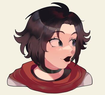 1girl black_choker black_eyes brown_hair choker commission grey_background highres meme nyantcha open_mouth pogchamp_(meme) portrait red_scarf ruby_rose rwby scarf short_hair simple_background smile solo