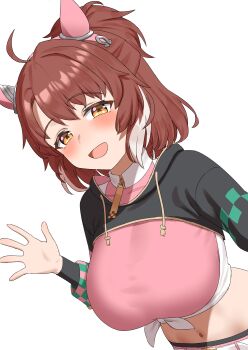 1girl :d absurdres animal_ears blush breasts brown_hair commentary_request dantsu_flame_(center_spotlight)_(umamusume) dantsu_flame_(umamusume) ear_covers factory314 highres horse_ears horse_girl large_breasts looking_at_viewer midriff navel open_mouth simple_background smile solo umamusume white_background yellow_eyes