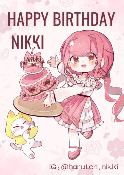 Rule 34 | ahoge, arm cutout, belt, birthday, birthday cake, black belt, black bow, black ribbon, blunt bangs, bow, bow choker, bowtie, bra strap, brown eyes, cake, center frills, character name, chibi, chinese commentary, choker, cloak, clothing cutout, commentary request, ear covers, english text, eyelashes, eyes visible through hair, floral background, food, footwear bow, frilled shirt, frilled skirt, frilled sleeves, frills, hair bow, hair intakes, hair ribbon, happy, happy birthday, haruten, highres, hood, hood up, hooded cloak, infinity nikki, instagram username, layered skirt, long hair, long sleeves, low twintails, mary janes, medium skirt, momo (nikki), navel, nikki (nikki), nikki (series), off-shoulder shirt, off shoulder, outstretched arms, pawpads, perfect start (infinity nikki), pink background, pink bow, pink bowtie, pink choker, pink hair, pink shoes, pink skirt, plate, pleated skirt, print skirt, puffy long sleeves, puffy sleeves, red bow, red bowtie, ribbon, see-through clothes, see-through sleeves, shirt, shoes, skirt, sleeves past wrists, snowflake print, socks, sparkle, tareme, tress ribbon, twintails, very long hair, wavy hair, whiskers, white shirt, white skirt, white socks, yellow cloak