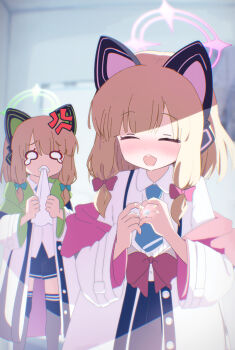 2girls anger_vein animal_ear_headphones animal_ears black_shorts black_skirt black_thighhighs blonde_hair blue_archive blue_necktie blurry blurry_background blush bow buttons cat_ear_headphones cat_ears chromatic_aberration closed_eyes collared_shirt commentary_request fake_animal_ears gift green_bow green_halo green_jacket h14_drawing hair_bow halo handkerchief handkerchief_biting headphones highres holding holding_handkerchief hood hood_down hooded_jacket indoors jacket jealous jewelry long_sleeves low-tied_sidelocks medium_hair midori_(blue_archive) momoi_(blue_archive) multicolored_jacket multiple_girls necktie nose_blush off_shoulder open_clothes open_jacket open_mouth parted_bangs partial_commentary pink_halo pink_jacket raised_inner_eyebrows red_bow ring shirt shorts siblings sidelocks sisters skirt smile standing suspender_skirt suspenders teardrop teeth thighhighs twins unbuttoned untucked_shirt upper_teeth_only white_jacket white_shirt wide_oval_eyes