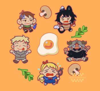 &gt;_&lt; 2girls 3boys animal_ears arm_ribbon armor artist_name beard black_hair blonde_hair blue_robe bottle brown_eyes brown_hair brown_vest cat_ears cat_girl cat_tail chibi chibi_only chilchuck_tims chiou! closed_eyes dungeon_meshi dwarf elf facial_hair fake_horns fried_egg furrowed_brow green_scarf halfling helmet holding holding_bottle holding_staff horned_helmet horns izutsumi laios_touden marcille_donato multiple_boys multiple_girls mushroom mustache orange_background plate_armor pointy_ears ponytail red_scarf ribbon robe scarf senshi_(dungeon_meshi) slit_pupils staff tail tongue vest yellow_eyes