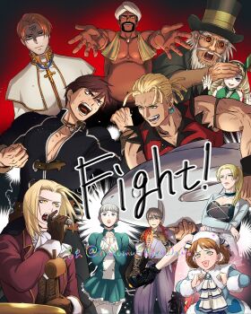 alice_elliot anastasia_(shadow_hearts) blue_eyes bow braid breasts brown_hair buttons character_request closed_mouth dark-skinned_male dark_skin dress gepetto_(shadow_hearts) gloves grey_hair hair_bow highres jewelry long_hair long_sleeves margarete_gertrude_zelle medium_hair multiple_boys multiple_girls open_mouth shadow_hearts short_hair skirt smile thighhighs turban white_hair white_thighhighs yuri_hyuga