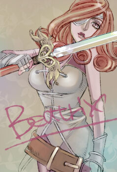 bare_arms beatrix belt breasts brown_eyes brown_hair curly_hair eyepatch final_fantasy final_fantasy_ix fingerless_gloves gloves large_breasts lips simple_background square_enix sword wakakusa-e weapon