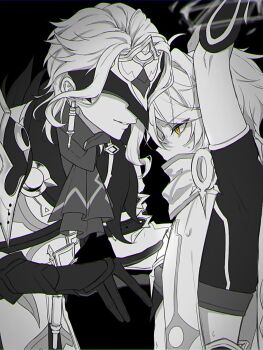 2boys aether_(genshin_impact) black_background commentary_request covered_eyes covered_mouth crop_top dottore_(genshin_impact) earrings exydrjrpmlugsgj eye_mask genshin_impact gloves greyscale hand_up highres jewelry male_focus mask monochrome multiple_boys smile teeth yellow_eyes