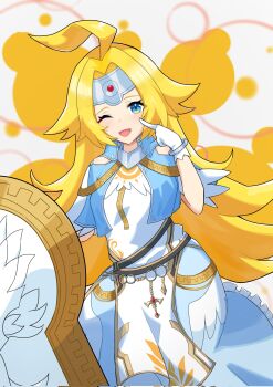 1girl ahoge blonde_hair blue_eyes commentary_request dress duel_masters duel_masters_play's gloves gold_trim headband highres holding holding_shield huge_ahoge long_hair looking_at_viewer one_eye_closed open_mouth peace_lupia pointing pointing_at_self shield solo sukoyaka_xll white_dress white_gloves