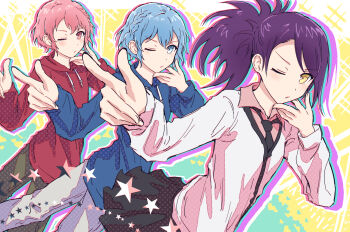 3girls black_necktie black_skirt blue_eyes blue_hair blue_hoodie braid brown_pants collared_shirt commentary_request dorothy_west finger_gun grey_pants highres hood hood_down hoodie jacket jujutsu_kaisen long_sleeves looking_at_viewer matching_pose miniskirt multiple_girls necktie pants parted_lips pink_eyes pink_hair pink_shirt pleated_skirt ponytail pretty_series pripara purple_hair red_hoodie reona_west shirt siblings side_braid sisters skirt star_(symbol) toudou_shion twins v-shaped_eyebrows white_jacket yellow_background yellow_eyes yukitake_(bullfalk)