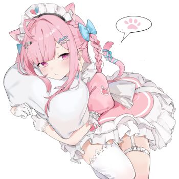 1girl ahoge animal_ears belt blue_bow blue_ribbon blush bow braid cat_ears cat_girl cat_hair_ornament cat_tail closed_mouth commentary dress extra_ears garter_straps gloves hair_bow hair_ornament hairclip highres hugging_object indie_virtual_youtuber long_hair looking_to_the_side maid maid_headdress mu_(muu14952955) pillow pillow_hug pink_dress pink_eyes pink_hair pink_tail pout ribbon sad short_sleeves simple_background single_garter_strap single_thighhigh solo spoken_paw_print star_(symbol) star_hair_ornament tail tail_ornament tail_ribbon thigh_belt thigh_strap thighhighs thighs two_side_up virtual_youtuber white_background white_belt white_garter_straps white_gloves white_thighhighs yuuki_sakuna