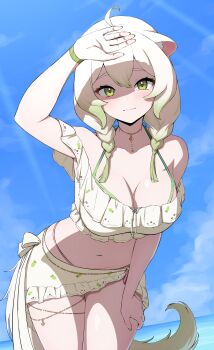 1girl absurdres ahoge animal_ears beach belly bikini braid breasts crop_top daydarion ferret ferret_ears ferret_girl ferret_tail gold_choker gold_thighlet gradient_hair gradient_tail green_eyes green_hair green_nails green_tail hair_between_eyes high-waist_bikini highres laimu_(vtuber) laimu_(summer)_(vtuber) large_breasts miniskirt multicolored_hair multicolored_tail navel ocean pink_nails shadow skirt summer swimsuit tail thick_thighs thigh_gap thighlet thighs twin_braids two-tone_hair two-tone_tail vinesauce virtual_youtuber white_hair white_tail