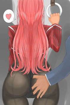 1boy 1girl absurdres ass ass_focus chikan gluteal_fold goddess_of_victory:_nikke grabbing_another's_ass groping hand_on_another's_ass heart highres jacket large_thigh_gap leotard long_hair molestation red_jacket spoken_heart subway tagme thigh_gap thong thong_leotard volume_(nikke)