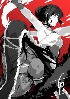 1boy 1girl absurdres alcides_(fate) ancient_greek_clothes armpits breasts chain choker collarbone fate/strange_fake fate_(series) fccrcrvim924172 greco-roman_clothes greyscale_with_colored_background heracles_(fate) highres hippolyta_(fate) medium_breasts muscular muscular_male outstretched_arm pelt short_hair