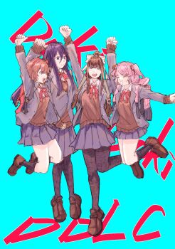 Rule 34 | 4girls, aqua background, backpack, bag, black socks, black thighhighs, brown hair, brown shoes, brown sweater vest, closed eyes, closed mouth, commentary, doki doki literature club, doki doki literature club school uniform, english commentary, formal clothes, full body, grey eyes, hair between eyes, hands up, highres, jumping, long hair, long sleeves, monika (doki doki literature club), multiple girls, natsuki (doki doki literature club), oisiiidoo, open mouth, pink bag, pink hair, pink ribbon, purple eyes, purple hair, purple skirt, purple suit, ribbon, sayori (doki doki literature club), school uniform, shoes, short hair, skirt, smile, socks, suit, sweater vest, thighhighs, yuri (doki doki literature club)