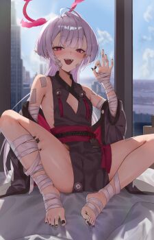 Rule 34 | 1girl, bandaged arm, bandaged leg, bandages, barefoot, bed sheet, bell, black kimono, black nails, blue archive, blurry, blurry background, blush, breasts, cleavage cutout, clothing cutout, day, diamond cutout, feet, fellatio gesture, gauze, gauze on cheek, halo, hashtag-only commentary, highres, holding own leg, indoors, japanese clothes, jingle bell, kimono, long hair, looking at viewer, m legs, nail polish, neptune illust, obi, open mouth, purple hair, red eyes, red halo, red sash, sash, shuro (blue archive), sideless kimono, sleeveless, sleeveless kimono, small breasts, smile, solo, spread legs, toenail polish, toenails, toes, very long hair, window