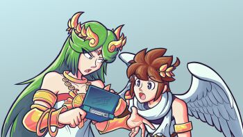 Rule 34 | 1boy, 1girl, ahoge, angel, angel wings, artist logo, blue eyes, brown hair, chain, derivative work, dr. jei pi, gold chain, green eyes, green hair, handheld game console, highres, holding, holding handheld game console, kid icarus, kid icarus uprising, kid icarus uprising tutorial redraw (meme), laurel crown, logo, meme, nintendo, nintendo 3ds, open mouth, palutena, pit (kid icarus), wings