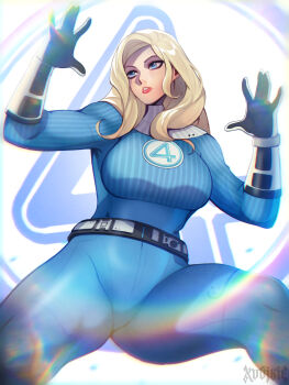 1girl absurdres belt blonde_hair blue_bodysuit blue_eyes bodysuit breasts energy_barrier fantastic_four gloves hands_up highres large_breasts long_hair marvel open_hands parted_lips rainbow skin_tight solo sue_storm superhero_costume thick_thighs thighs xuuikie_ashe