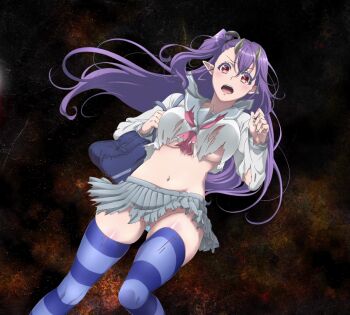 1girl bag bandaid bandaid_on_pussy breasts demon_girl demon_horns hair_ornament horns large_breasts leviathan_(the_seven_deadly_sins) long_hair maebari no_panties official_art open_mouth pointy_ears purple_hair red_eyes school_uniform shirt sin_nanatsu_no_taizai skirt socks solo solo_focus teeth the_seven_deadly_sins torn_clothes