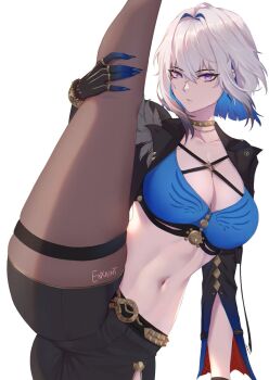 Rule 34 | 1girl, arm up, bandeau, black jacket, black shorts, blue bandeau, blue hair, blue hands, breasts, cleavage, collarbone, criss-cross straps, cropped jacket, enxaint, galbrena (wuthering waves), gold choker, grey hair, hair between eyes, jacket, large breasts, looking at viewer, medium hair, midriff, mole, mole on neck, multicolored hair, navel, open clothes, open jacket, purple eyes, shorts, sidelocks, simple background, solo, split, standing, standing on one leg, standing split, very long fingernails, white background, wuthering waves