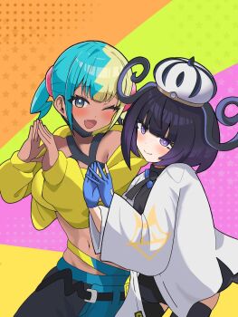2girls 4dys9kuaqo28045 ;d aqua_hair bad_id bad_twitter_id bandeau black_dress black_hair black_pants black_thighhighs blonde_hair blue_gloves blue_pants blush canari_(pokemon) closed_mouth coat commentary_request cropped_jacket dark-skinned_female dark_skin dress eyelashes fang gloves gradient_hair gwynn_(pokemon) hat highres jacket long_sleeves multicolored_hair multiple_girls navel nintendo one_eye_closed open_clothes open_coat open_jacket open_mouth pants partially_fingerless_gloves pokemon pokemon_legends:_z-a purple_eyes purple_hair short_hair smile split-color_clothes split-color_hair star_(symbol) thighhighs two-tone_hair white_coat yellow_bandeau yellow_jacket