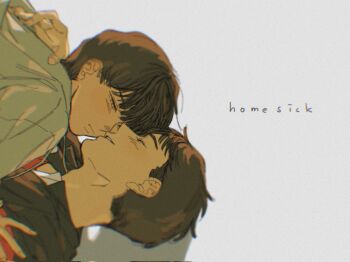 2boys ahn_su-ho black_hair black_jacket blush closed_eyes commentary_request grey_hoodie highres hood hoodie jacket korean_commentary leaff00 multiple_boys shirt short_hair smile warm_colored weak_hero white_background white_shirt yaoi yeon_si-eun