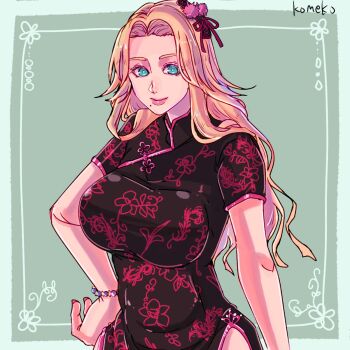 1girl bleach blonde_hair blue_eyes breasts chinese_clothes hair_ornament komeko_(strikek-lvvjm27) large_breasts long_hair matsumoto_rangiku mole mole_under_mouth qipao_dress solo