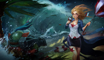 beach blonde_hair blown_away camera glasses hat janna_(league_of_legends) league_of_legends long_hair nami_(league_of_legends) sand singed skirt starfish storm teemo umbrella waves wet