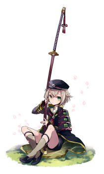 1boy armor black_hat black_shorts brown_hair commentary_request crossed_bangs grass green_eyes hair_between_eyes hat highres holding holding_sheath holding_sword holding_weapon hotarumaru japanese_armor katana kneehighs long_sleeves looking_at_viewer male_focus ootachi sheath sheathed shoes shorts shoulder_armor simple_background sitting socks sode solo sword tassel touken_ranbu twitter_username u35 weapon