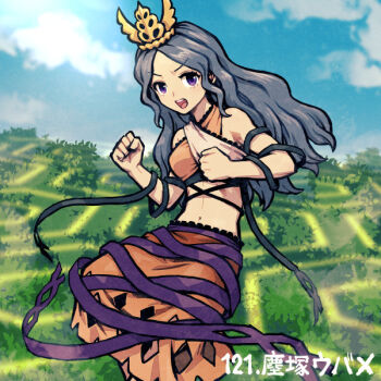 1girl arm_ribbon bare_shoulders blue_sky breasts character_name chirizuka_ubame clenched_hands clothing_cutout cloud cloudy_sky commentary_request cowboy_shot crop_top day fossilized_wonders grey_hair hands_up headpiece long_hair looking_at_viewer medium_breasts meimaru_inuchiyo midriff navel numbered open_mouth orange_skirt orange_tank_top outdoors purple_eyes ribbon ribbon_around_body skirt sky solo standing tank_top teeth tongue touhou tree v-shaped_eyebrows wavy_hair white_tank_top
