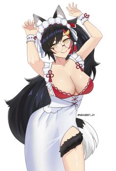 1girl absurdres animal_ear_fluff animal_ears arms_up black_hair bra breasts dress highres hololive hololive_gamers large_breasts long_hair multicolored_hair nekhbet_01 ookami_mio paw_pose red_streaks ribbon single_hair_streak solo streaked_hair tail tail_around_own_leg tail_wrap underwear virtual_youtuber white_background white_dress wolf_ears wolf_girl wolf_tail yellow_eyes