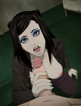 black_hair blue_eyes breasts breasts_out circumcision_scar ergo_proxy handjob nipples pale_skin penis re-l_mayer uncensored vincent_law